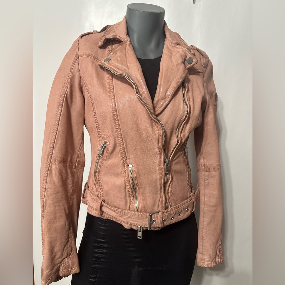 Mauritius Wild 2RF Leather Jacket Womens XS-Light pink Moto Biker belted